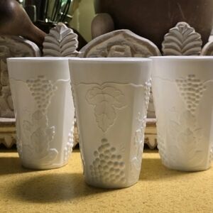 Vintage Indiana Glass White Milk Grapes Leaves Embossed Tumblers Set of 3